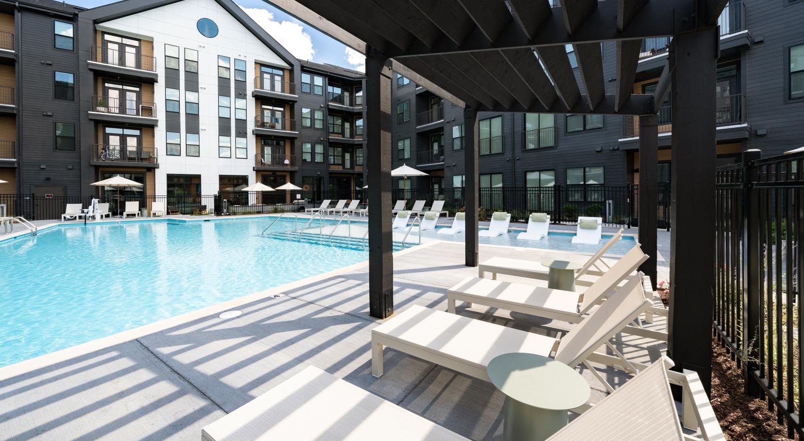 a swimming pool outside a building